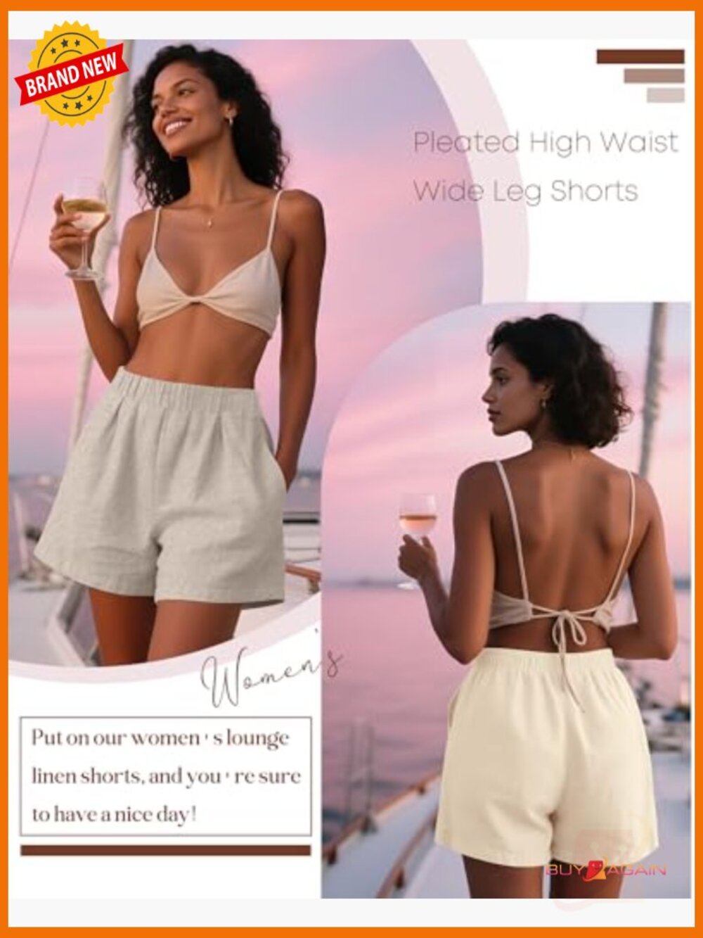 3 Pack High Waist Linen Wide Leg Shorts with Pockets Summer - Picture 4 of 7